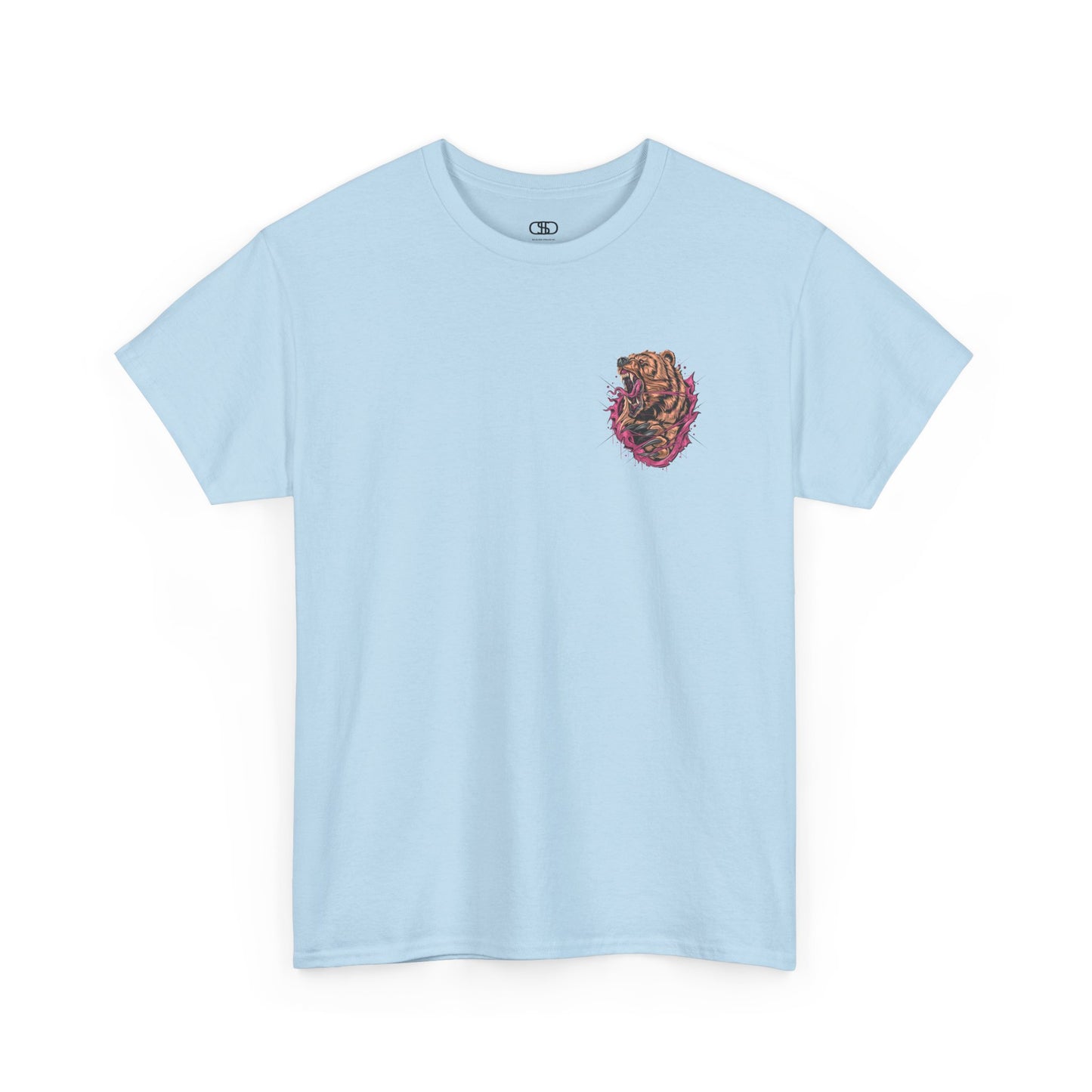 A light blue T-shirt with a graphic of a raging bear ripping through the fabric, growling, with claws out and red eyes.