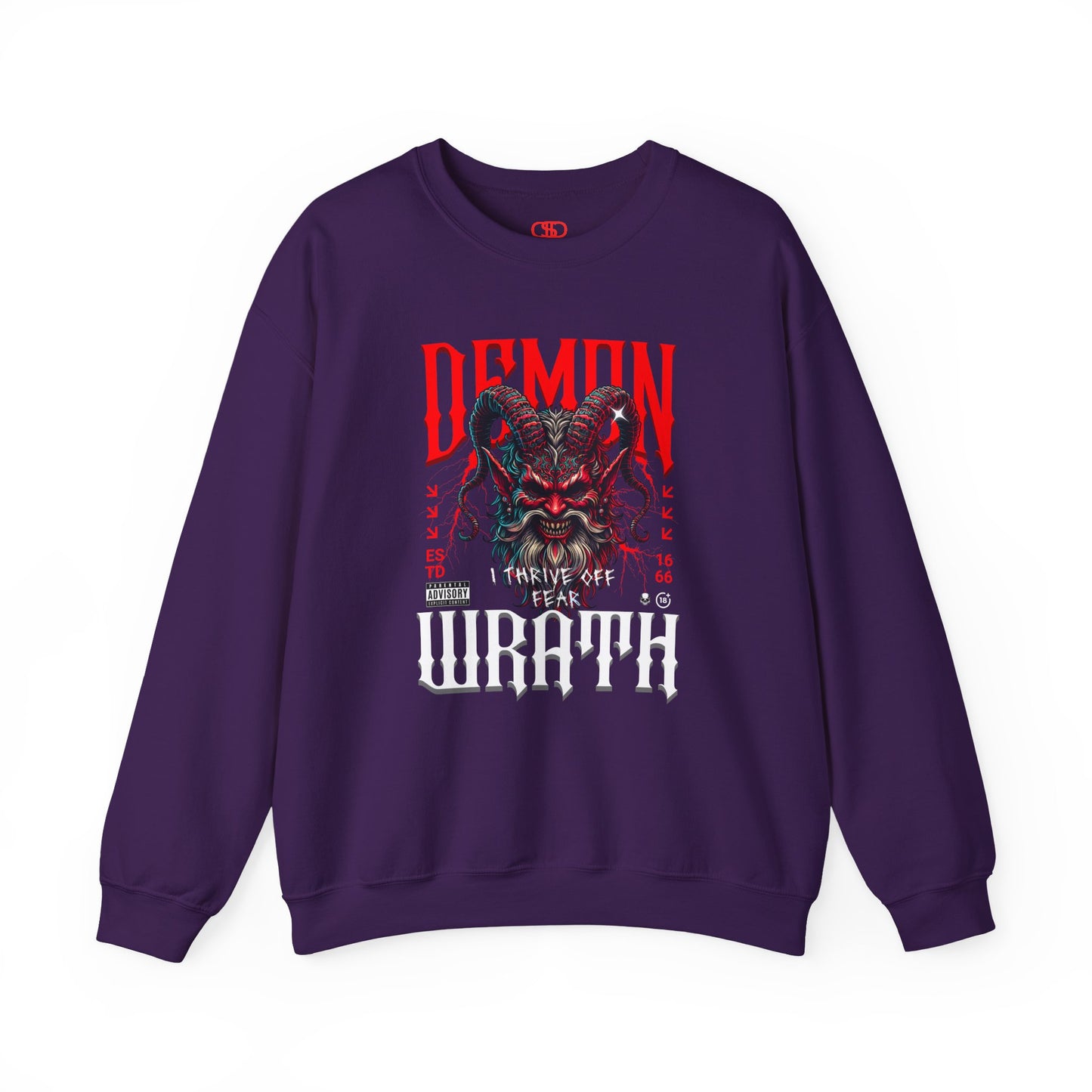 A purple sweater featuring a Red horned demon head with "Demon Wrath" text and lightning, gothic horror apparel design.