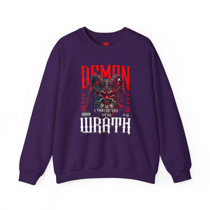 A purple sweater featuring a Red horned demon head with "Demon Wrath" text and lightning, gothic horror apparel design.