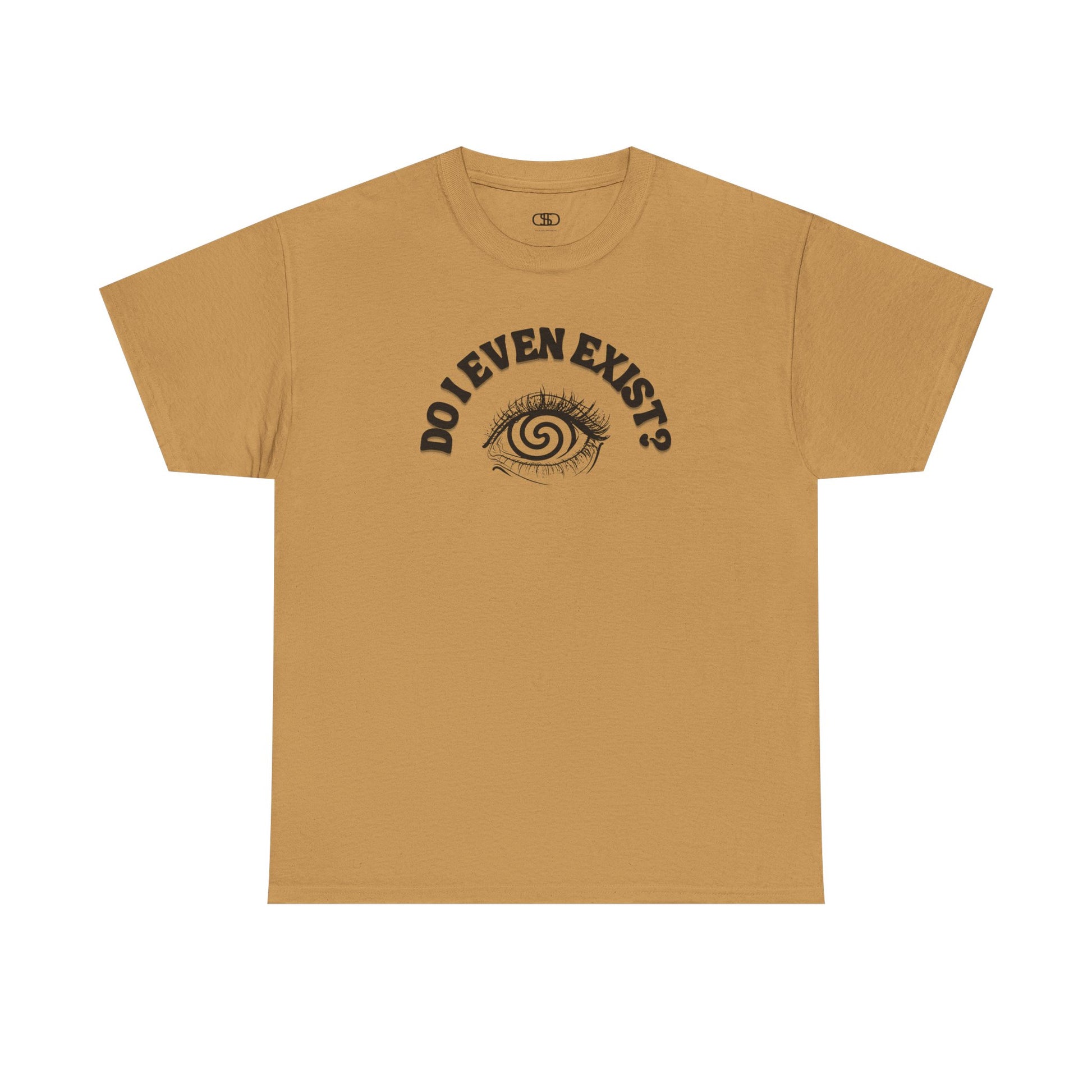 Dark Brown T-shirt with an eyeball and a mind-bending optical illusion and the text "Do I even exist?"