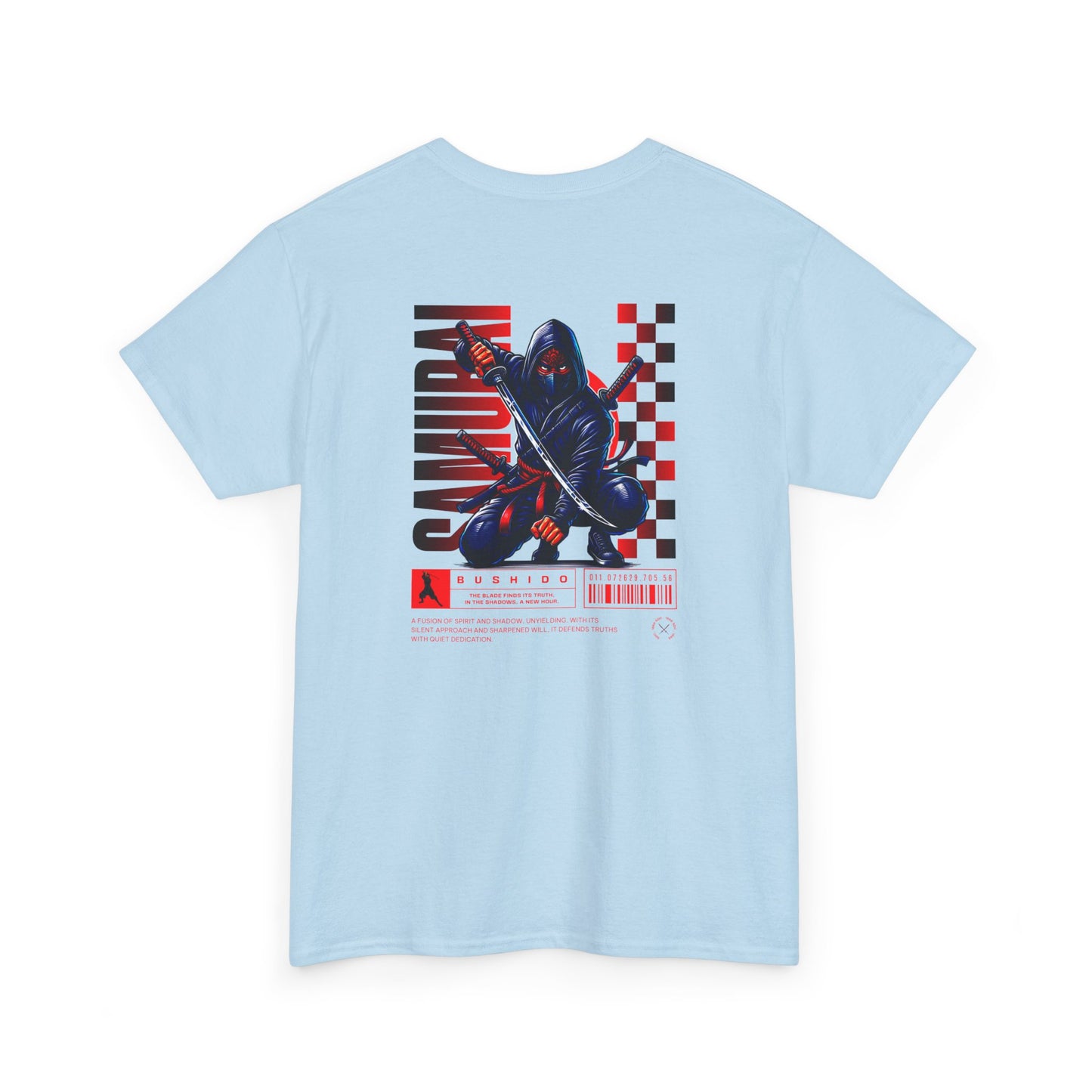A light blue t-shirt featuring a Crouching ninja with two katanas and "Bushido" text, red and black Japanese-inspired t-shirt design.