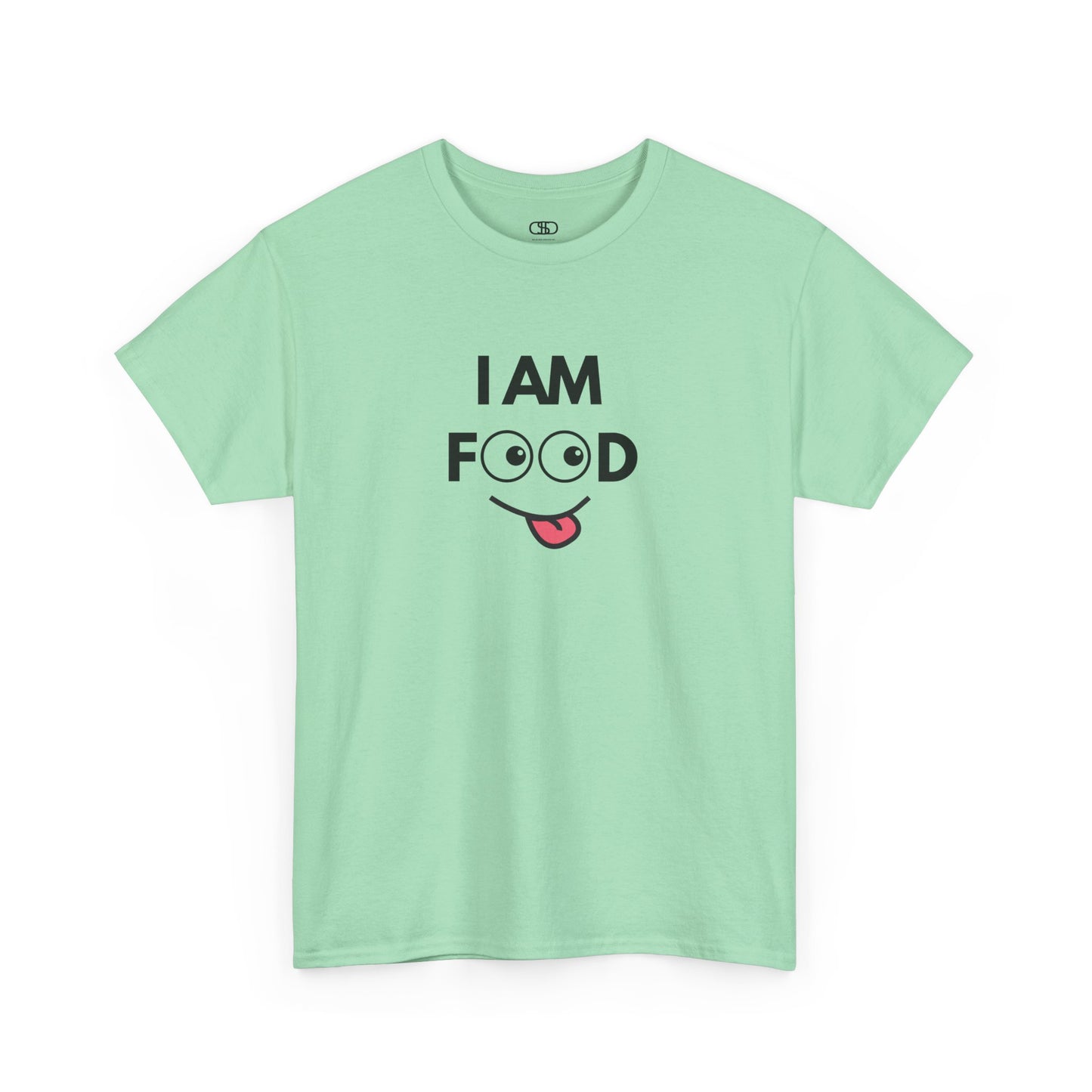 T-shirt with "I AM FOOD" text, where the 'OO' are cartoon eyes, and a tongue-out graphic.