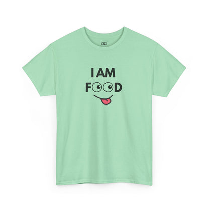 T-shirt with "I AM FOOD" text, where the 'OO' are cartoon eyes, and a tongue-out graphic.