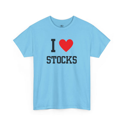 A sky blue colored t-shirt displaying the text "I," a red heart graphic symbolizing love, and the word "Stocks" in a classic, bold typeface.