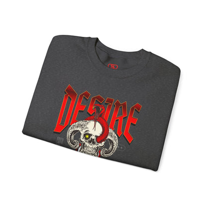 A folded heather gray sweatshirt Horned skull with glowing eye and red snake wrapped around it, "Desire Death's Touch" text, gothic sweatshirt design.