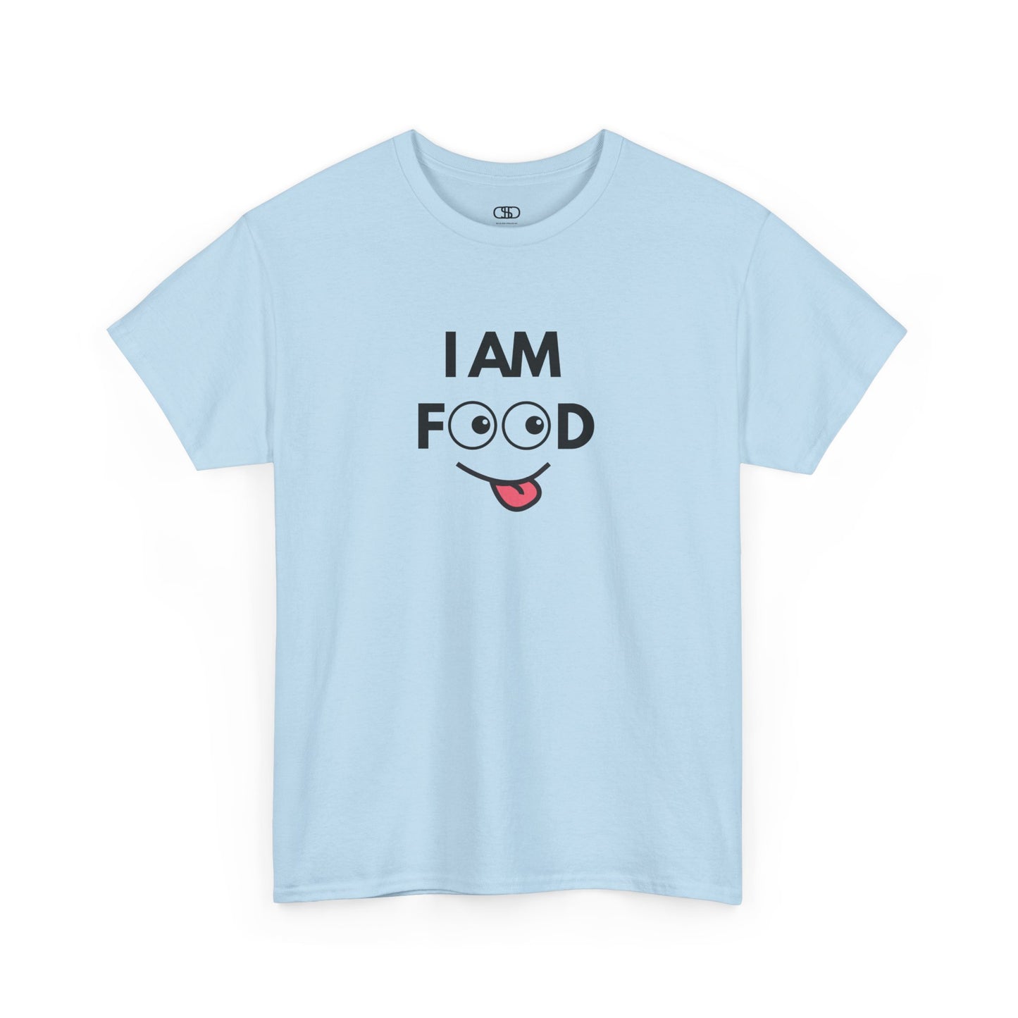 A light blue T-shirt with "I AM FOOD" text, where the 'OO' are cartoon eyes, and a tongue-out graphic.