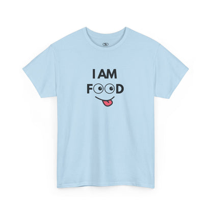A light blue T-shirt with "I AM FOOD" text, where the 'OO' are cartoon eyes, and a tongue-out graphic.