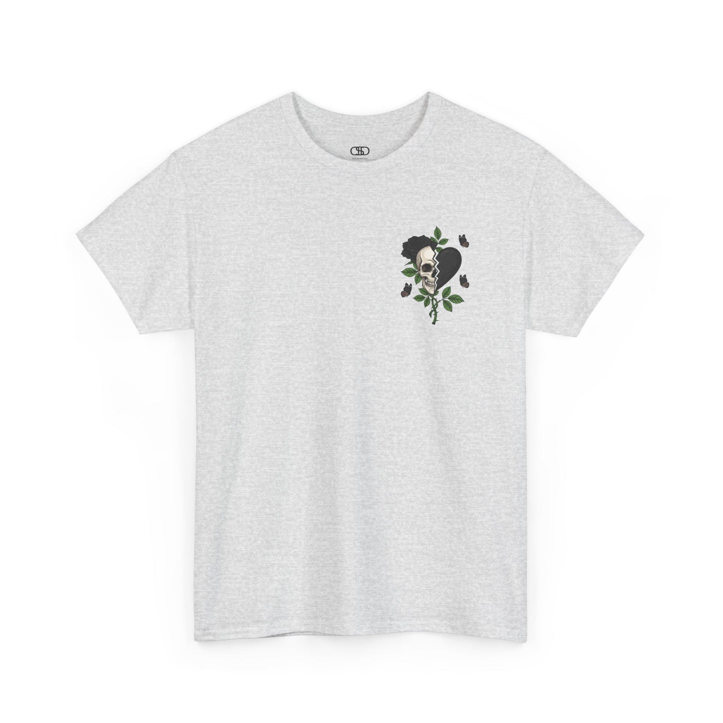 An ash gray t-shirt with a front design of a half skull, half broken heart, and a rose. The back reads "Gym Heals" in black.