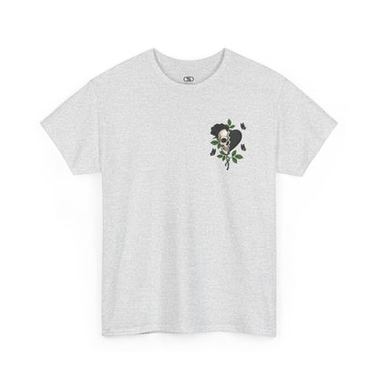 An ash gray t-shirt with a front design of a half skull, half broken heart, and a rose. The back reads "Gym Heals" in black.