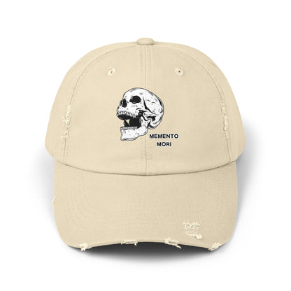 Memento Mori Distressed Hat – Skull Embroidered Cap with Gothic Flair