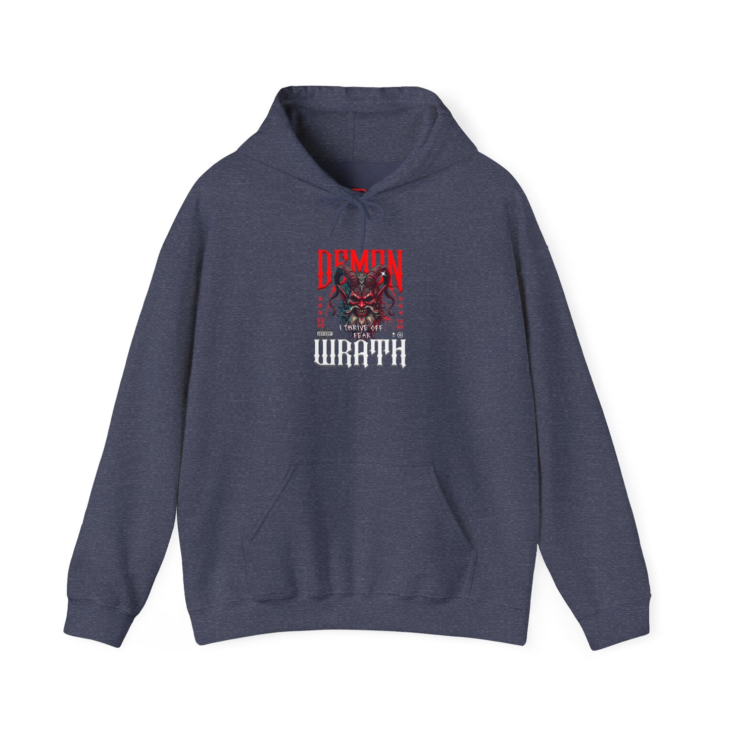 A hoodie featuring a Red horned demon head with "Demon Wrath" text and lightning, gothic horror apparel design.