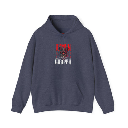 A hoodie featuring a Red horned demon head with "Demon Wrath" text and lightning, gothic horror apparel design.