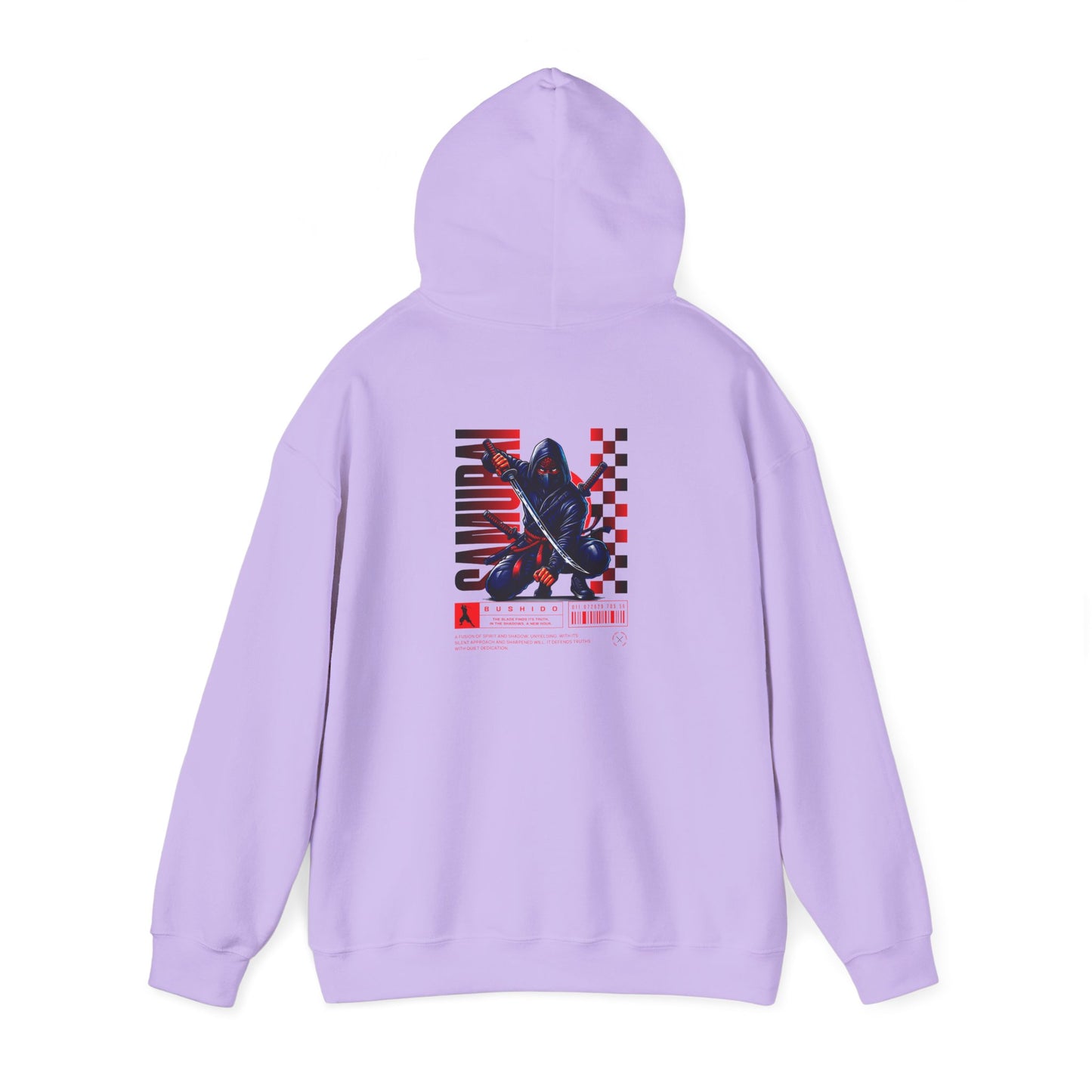A purple orchid colored hoodie featuring a Crouching ninja with two katanas and "Bushido" text, red and black Japanese-inspired hoodie design.