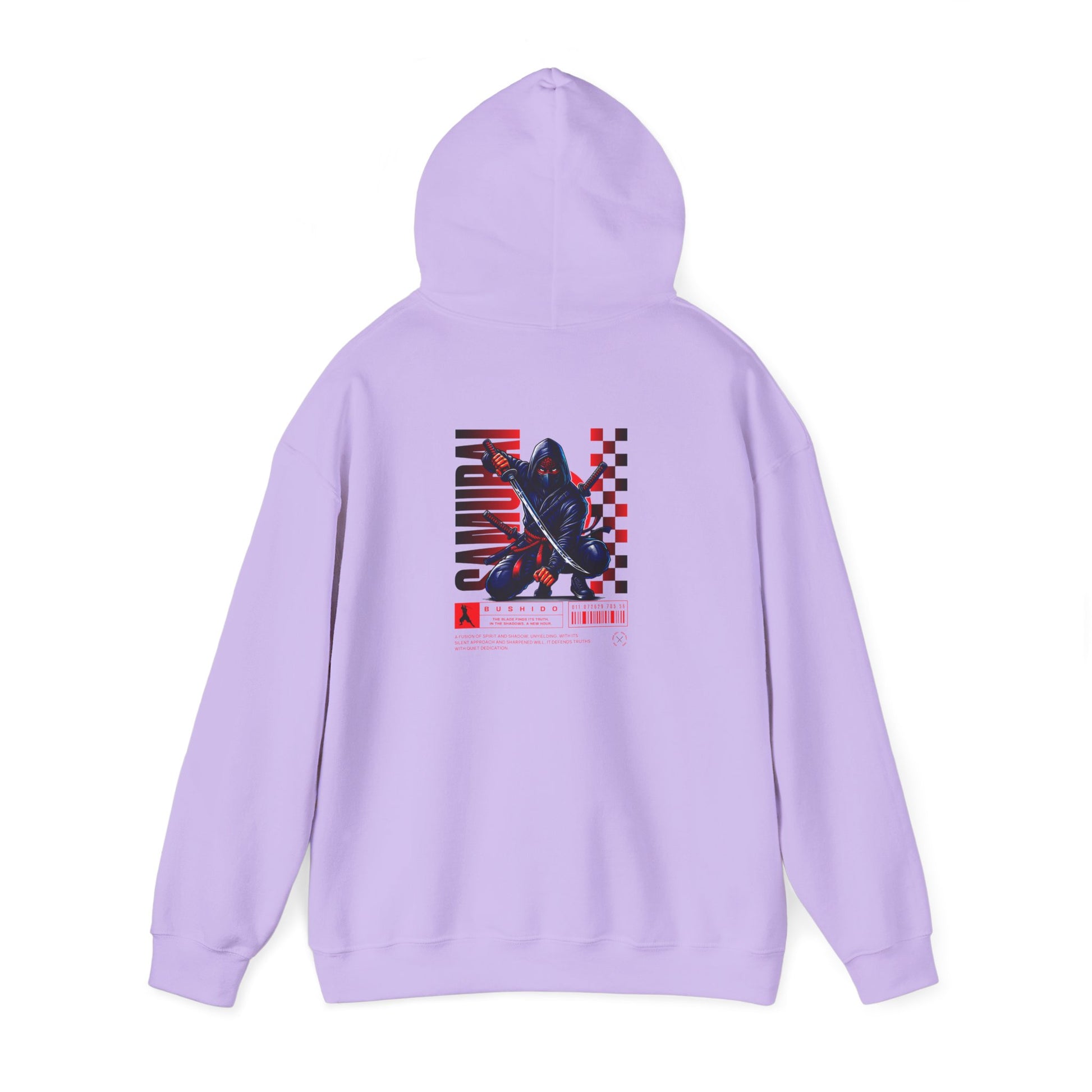 A purple orchid colored hoodie featuring a Crouching ninja with two katanas and "Bushido" text, red and black Japanese-inspired hoodie design.