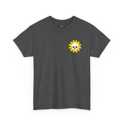 A [dark heather] t-shirt featuring a sunflower with a skull at its center on the front and the words “i COULD DEADLIFT YOU” in a retro font on the back.