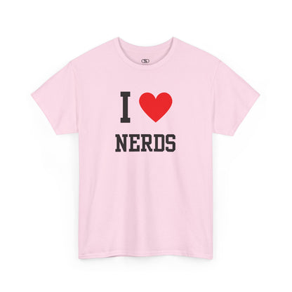 Pink t-shirt with 'I ❤️ NERDS' text on a white background