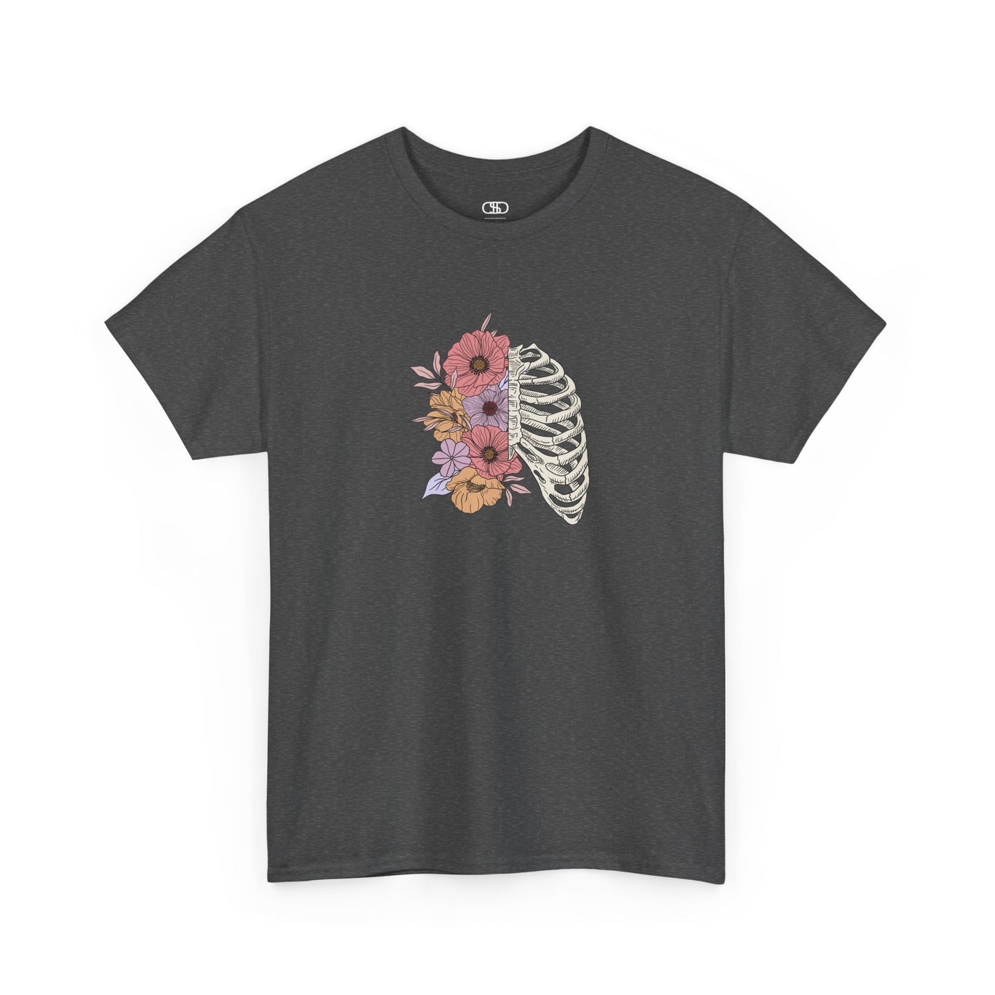 T-shirt with a lung graphic, half skeletal ribcage, half flowers.
