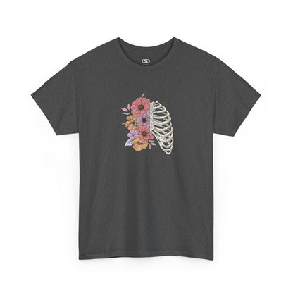 T-shirt with a lung graphic, half skeletal ribcage, half flowers.
