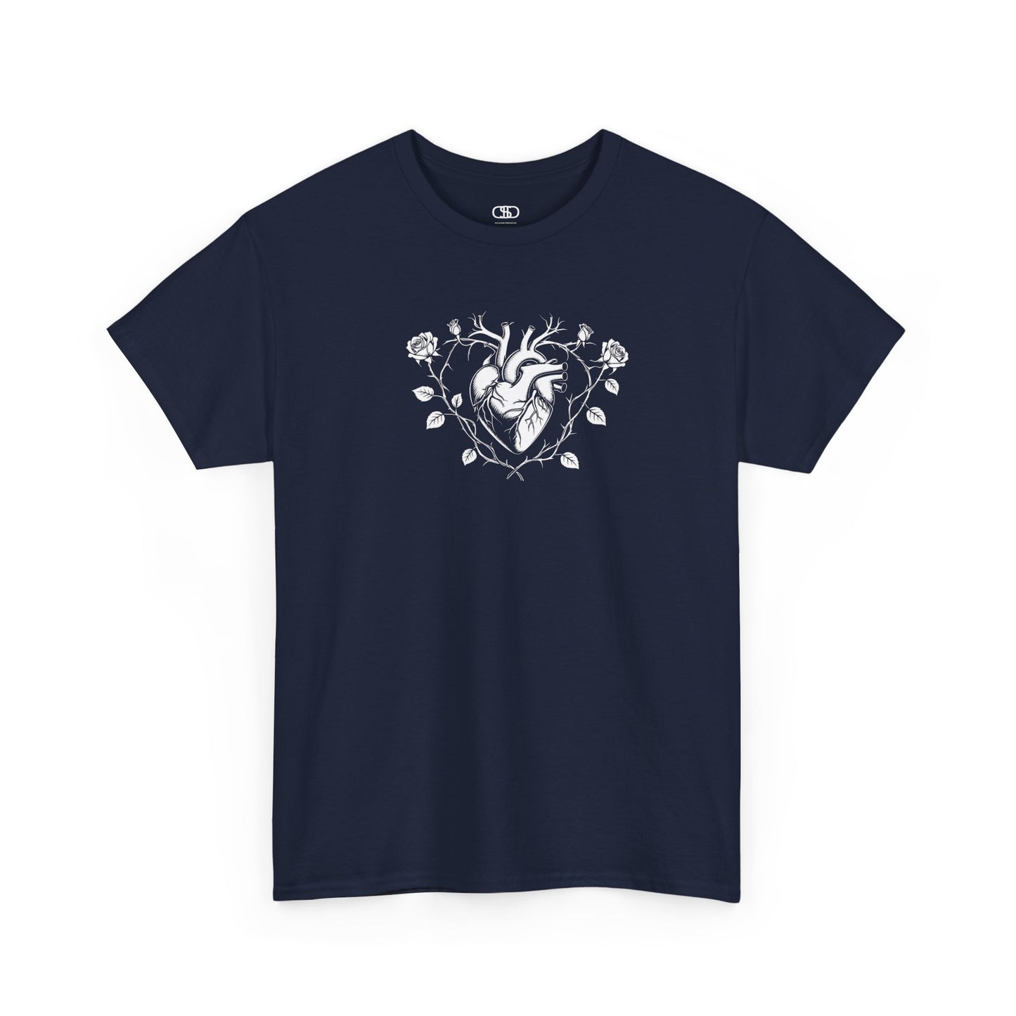  t-shirt with a heart surrounded by thorn vines, red roses, and green leaves graphic.
