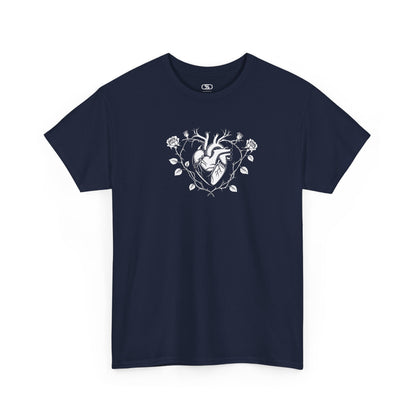  t-shirt with a heart surrounded by thorn vines, red roses, and green leaves graphic.
