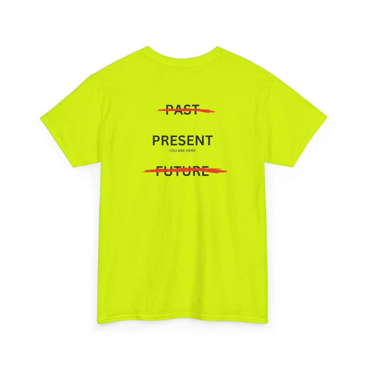  Back of a t-shirt with a design illustrating the importance of the present: the word 'Past' is crossed out, followed by 'Present' and the phrase 'you are here', and finally the word 'Future' is also crossed out.