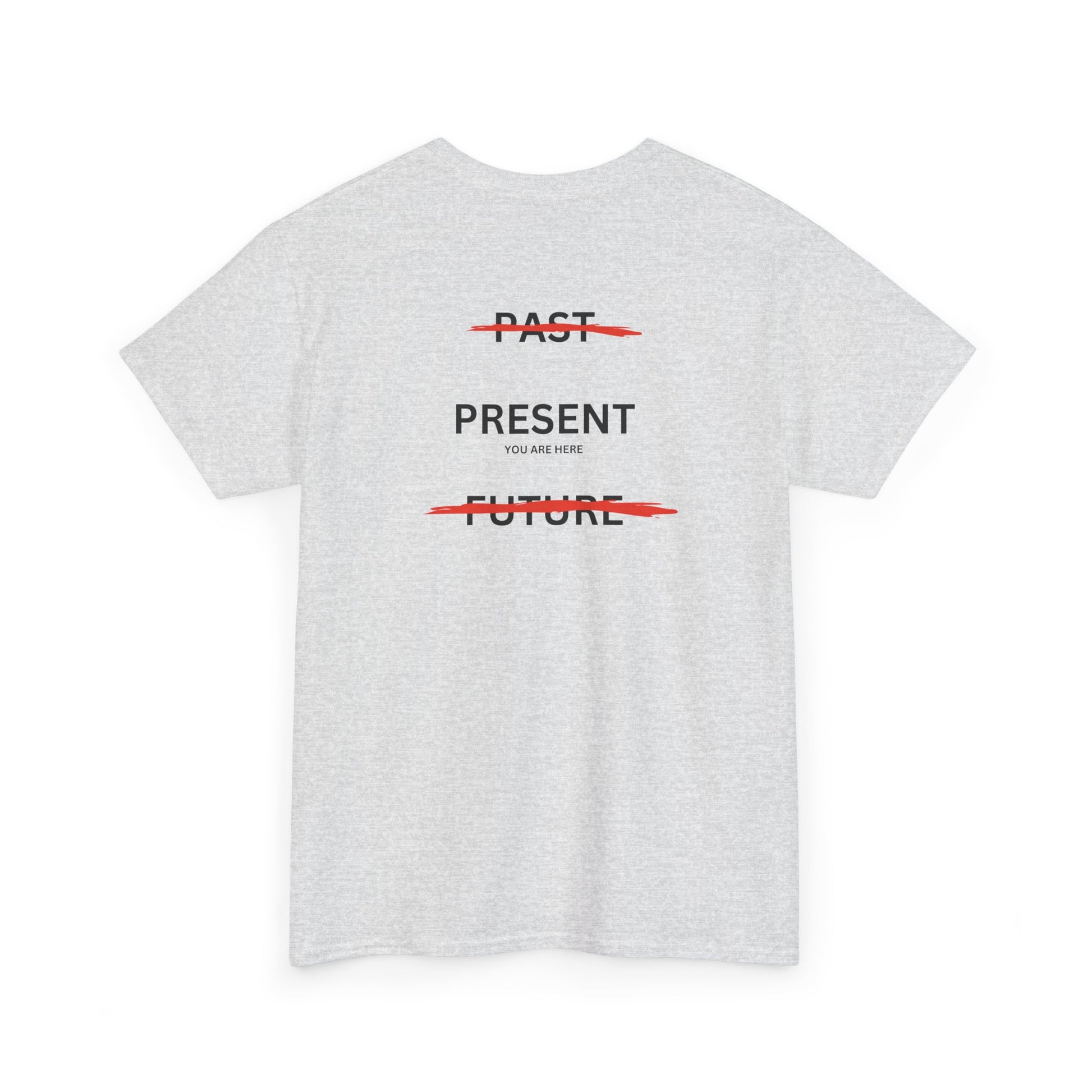  Back of a t-shirt with a design illustrating the importance of the present: the word 'Past' is crossed out, followed by 'Present' and the phrase 'you are here', and finally the word 'Future' is also crossed out.
