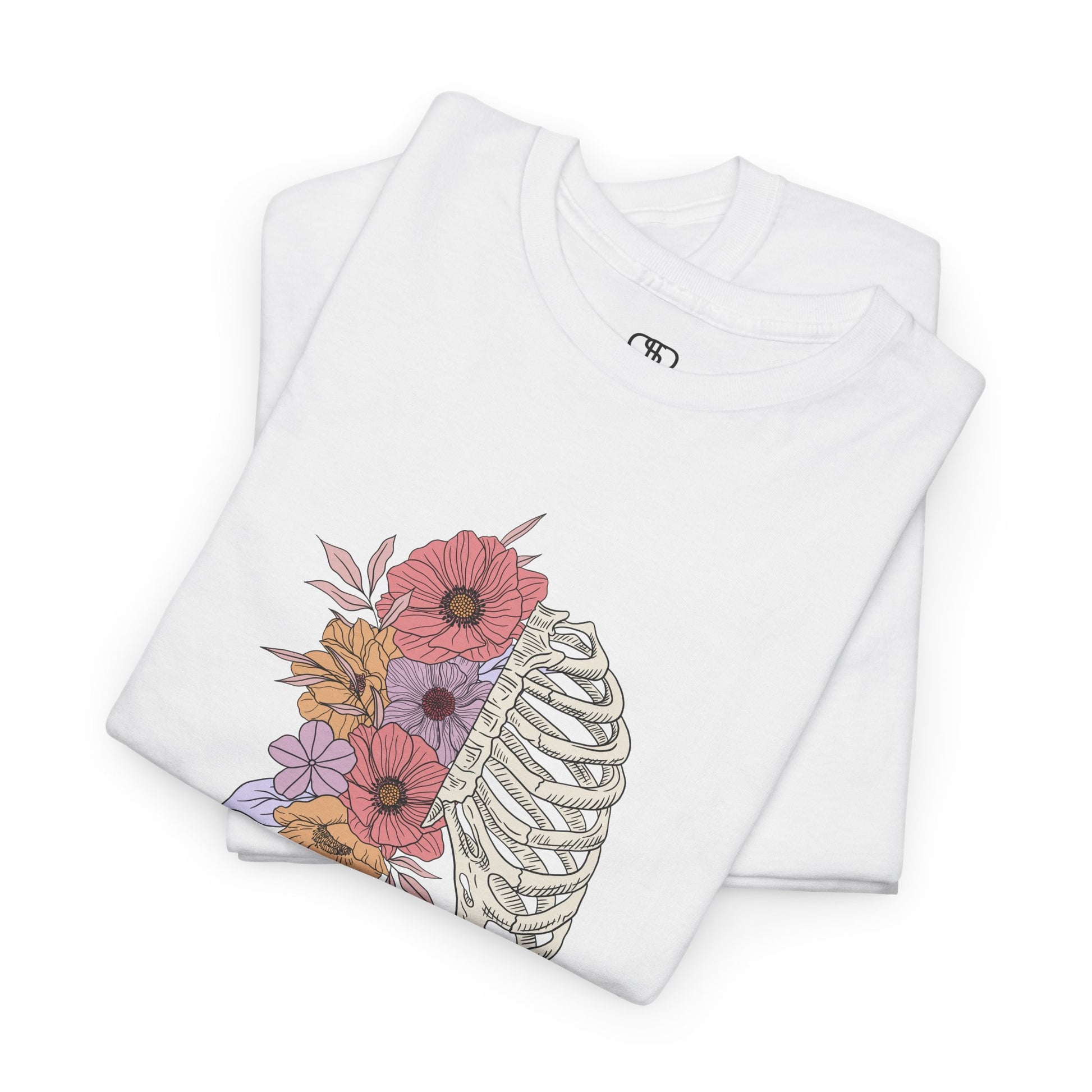 T-shirt with a lung graphic, half skeletal ribcage, half flowers.
