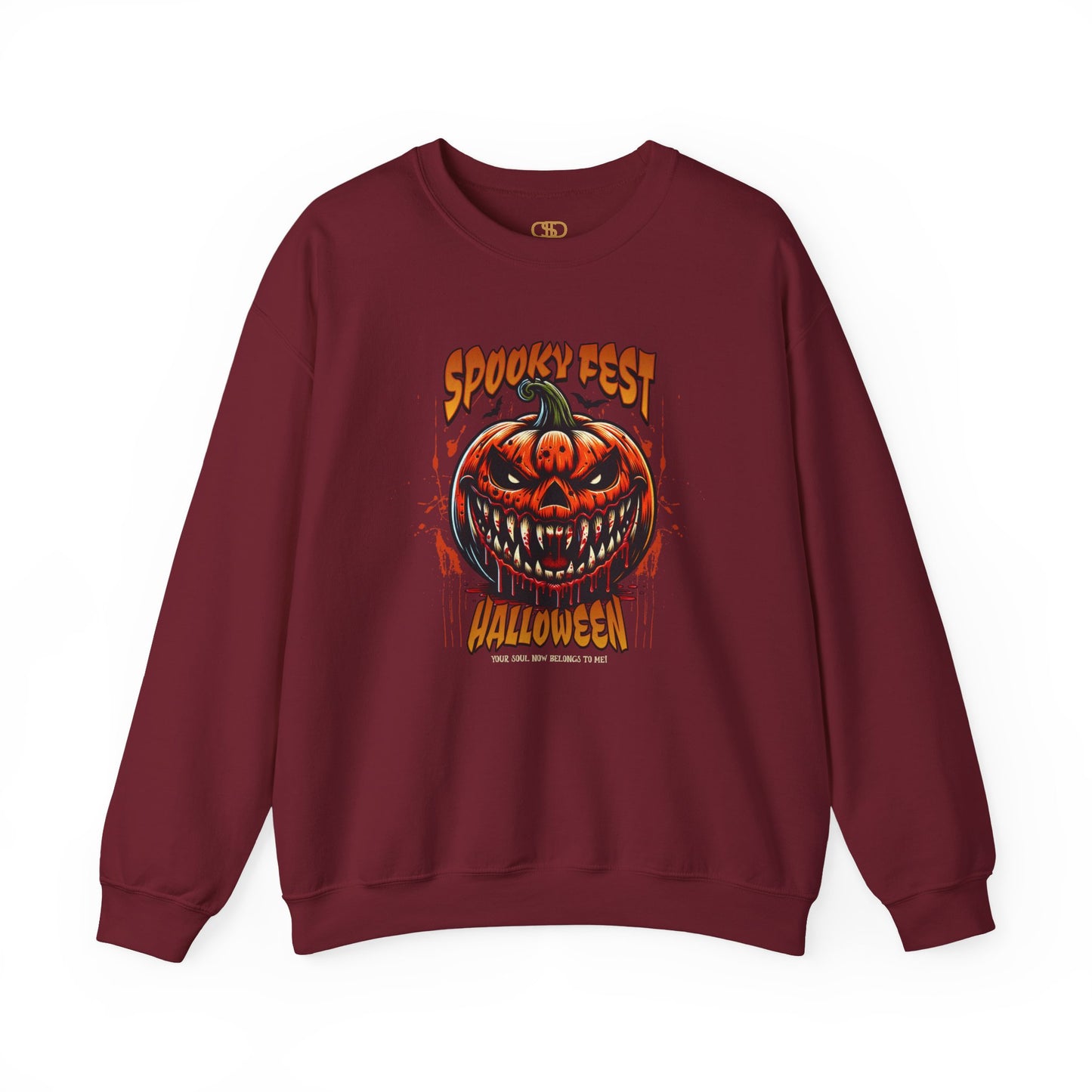 A garnet red sweater featuring a Scary fanged jack-o'-lantern with "Spooky Fest Halloween Your Soul Now Belongs To Me!" text, orange and black horror sweatshirt.