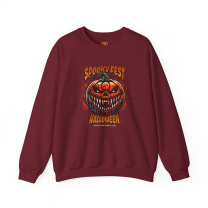 A garnet red sweater featuring a Scary fanged jack-o'-lantern with "Spooky Fest Halloween Your Soul Now Belongs To Me!" text, orange and black horror sweatshirt.