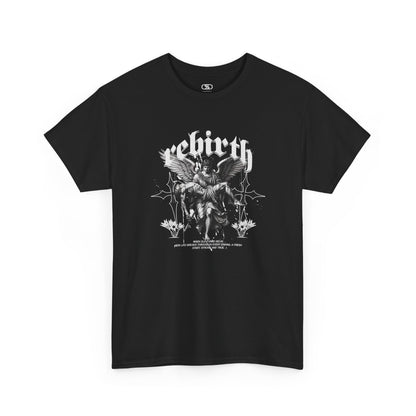A black T-shirt featuring a Angel carrying a figure with "Rebirth" text, white and black gothic spiritual art t-shirt.