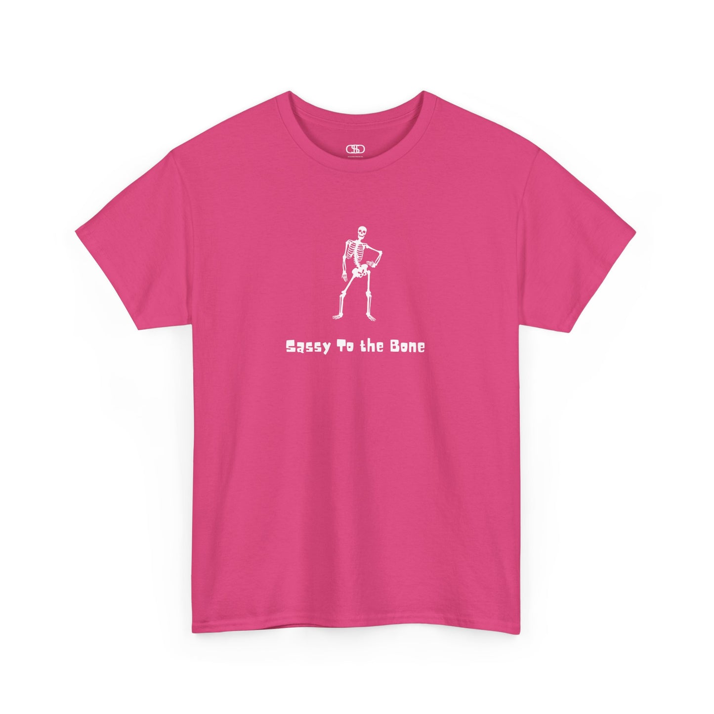 T-shirt with a sassy skeleton graphic with hands on hips and "Sassy to the Bone" text in a cartoon font.

