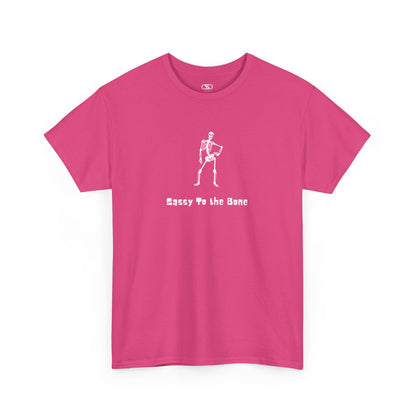 T-shirt with a sassy skeleton graphic with hands on hips and "Sassy to the Bone" text in a cartoon font.
