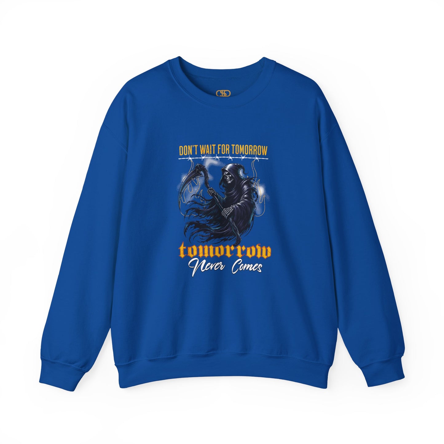 A royal blue sweatshirt featuring a Grim Reaper holding scythe with "Don't Wait For Tomorrow Tomorrow Never Comes" text, dark gothic sweatshirt design.