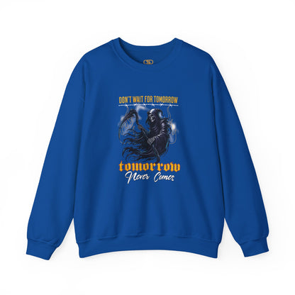 A royal blue sweatshirt featuring a Grim Reaper holding scythe with "Don't Wait For Tomorrow Tomorrow Never Comes" text, dark gothic sweatshirt design.