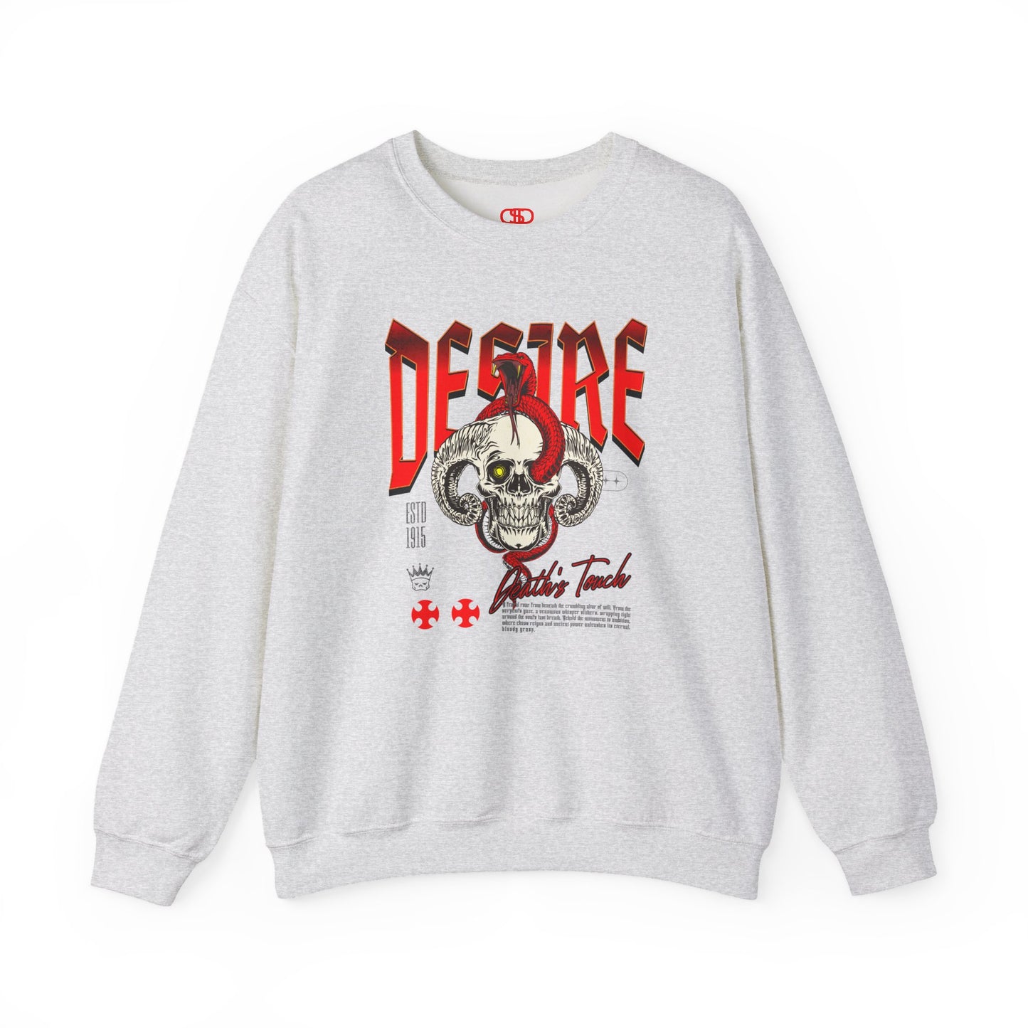An ash gray sweatshirt Horned skull with glowing eye and red snake wrapped around it, "Desire Death's Touch" text, gothic sweatshirt design.
