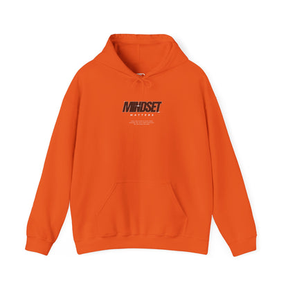 An orange hoodie "Mindset Matters" text with stars on hoodie, with an inspirational quote below.