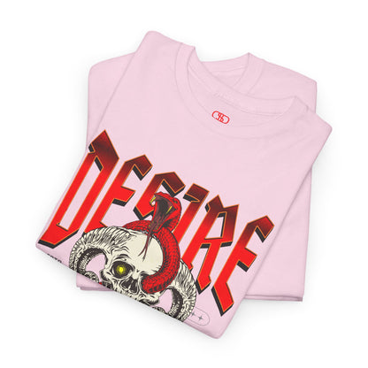 A folded light pink t-shirt featuring a Horned skull with glowing eye and red snake wrapped around it, "Desire Death's Touch" text, gothic t-shirt design.