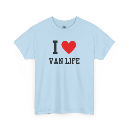 Light blue t-shirt with 'I ❤️ VAN LIFE' text on a white background