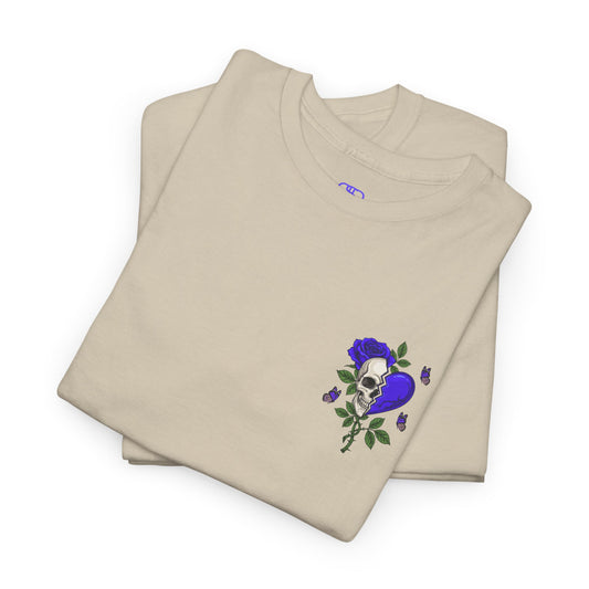 A t-shirt with a front design of a half skull, half broken purple heart, and a rose. The back reads "Gym Heals" along with a similar design found on the front.