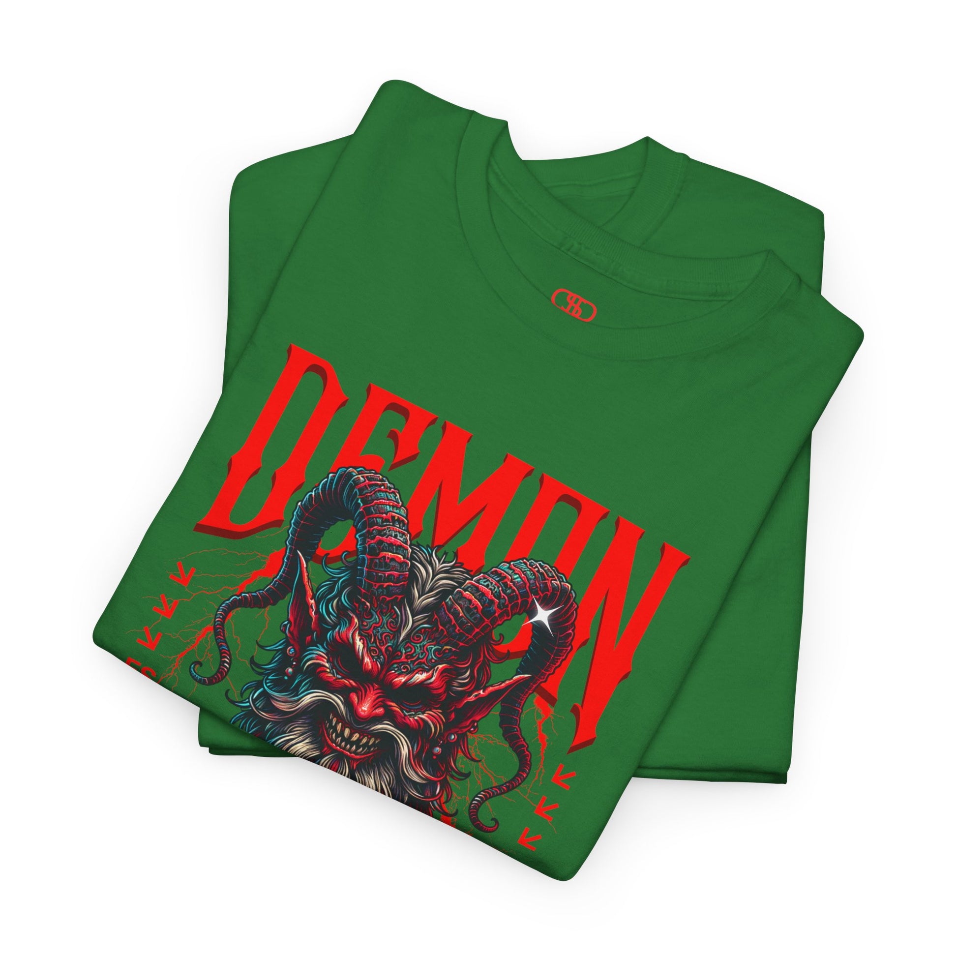 A folded turf green t-shirt featuring a Red horned demon head with "Demon Wrath" text and lightning, gothic horror t-shirt design