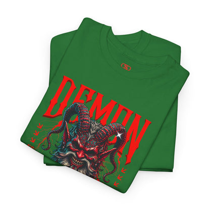 A folded turf green t-shirt featuring a Red horned demon head with "Demon Wrath" text and lightning, gothic horror t-shirt design