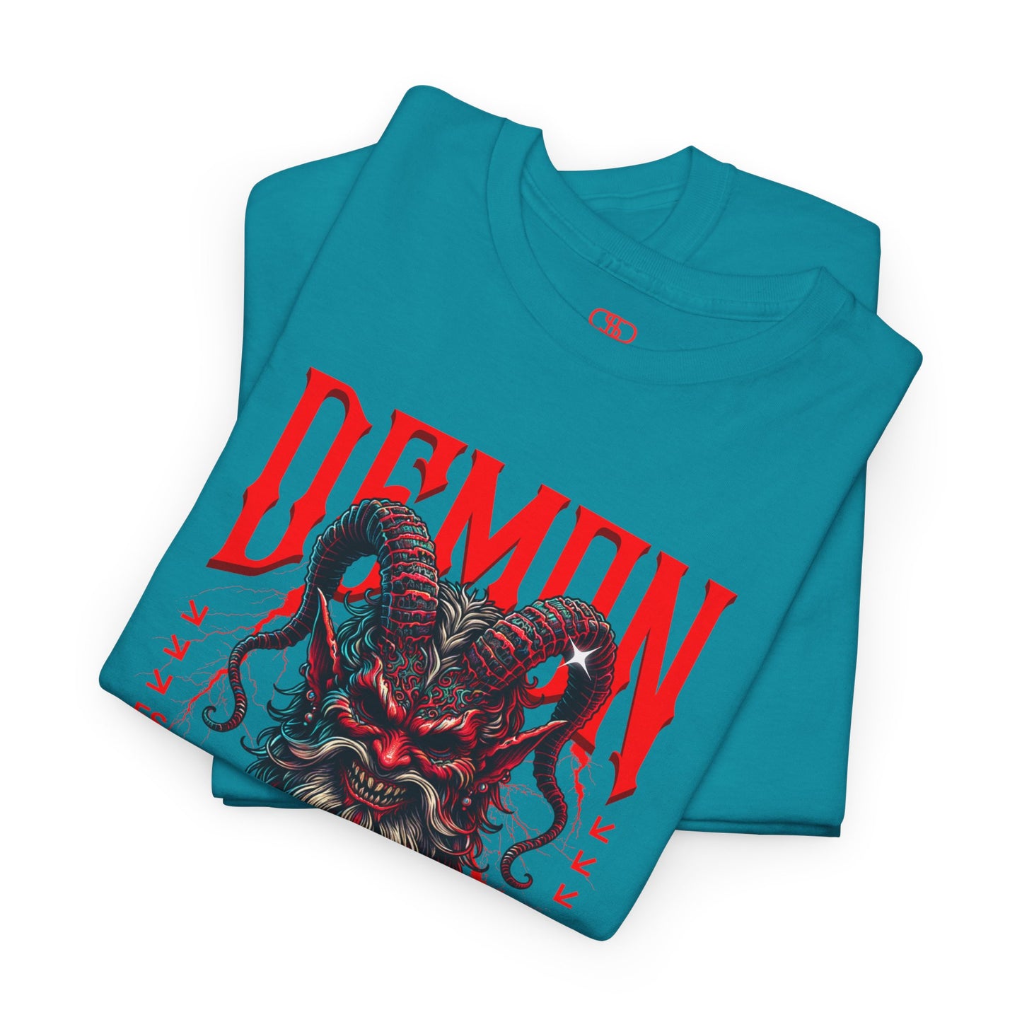 A folded sapphire blue t-shirt featuring a Red horned demon head with "Demon Wrath" text and lightning, gothic horror t-shirt design
