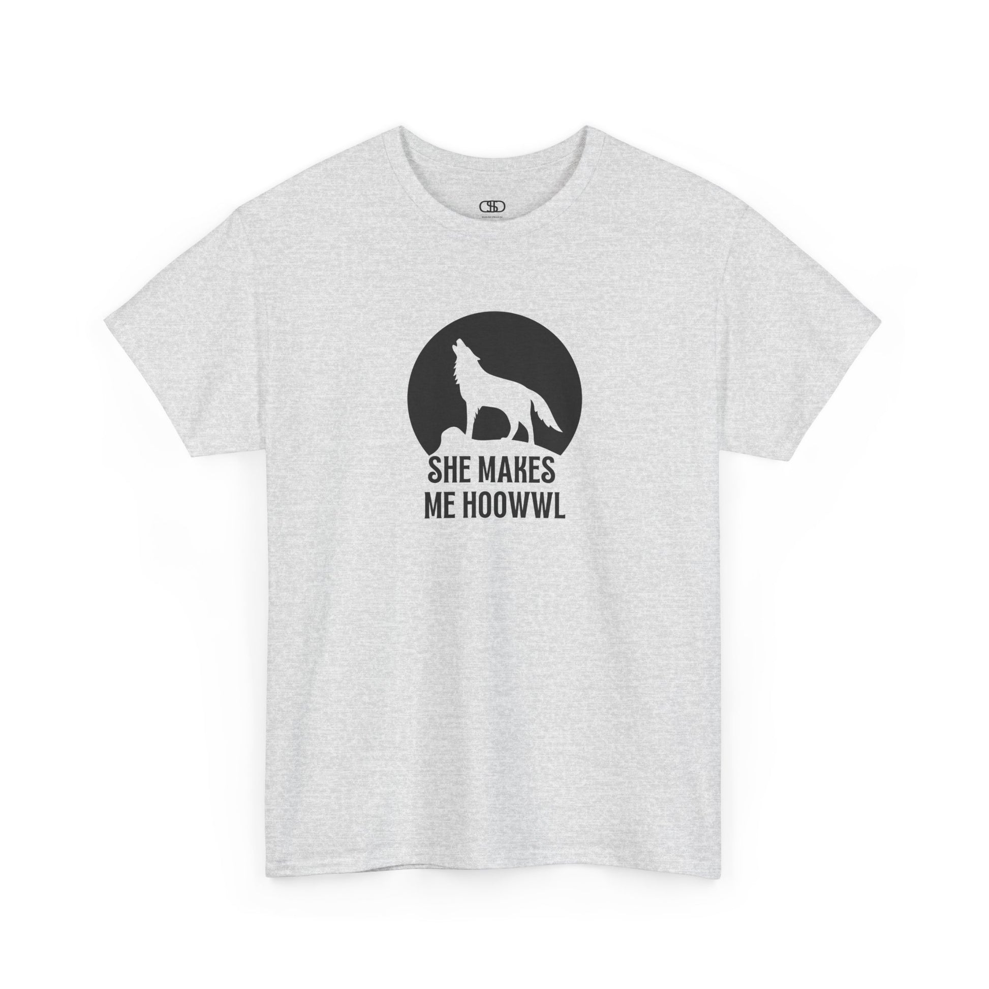 An ash gray T-shirt with a wolf silhouette howling at the moon on a cliff, and "She makes me HOOWWL" text.