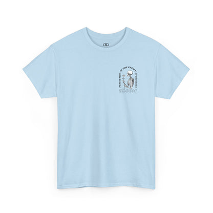 A [light blue] t-shirt with a central skeleton and rose design and the words “Perfection is the enemy of progress” and “Bloom” on the front.