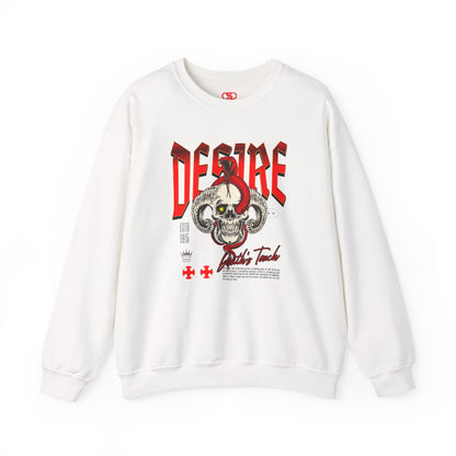 A white sweatshirt Horned skull with glowing eye and red snake wrapped around it, "Desire Death's Touch" text, gothic sweatshirt design.