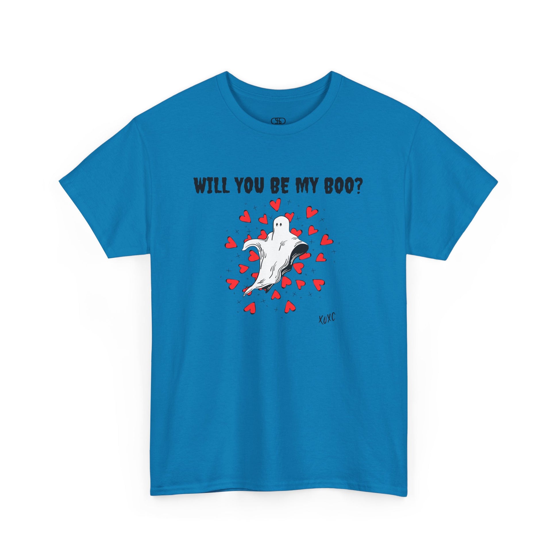  A t-shirt featuring a cute floating ghost surrounded by bursting hearts. At the top of the design, the text reads, "Will You Be my Boo?"