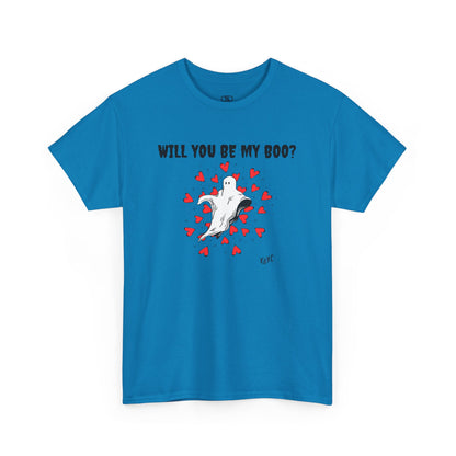  A t-shirt featuring a cute floating ghost surrounded by bursting hearts. At the top of the design, the text reads, "Will You Be my Boo?"