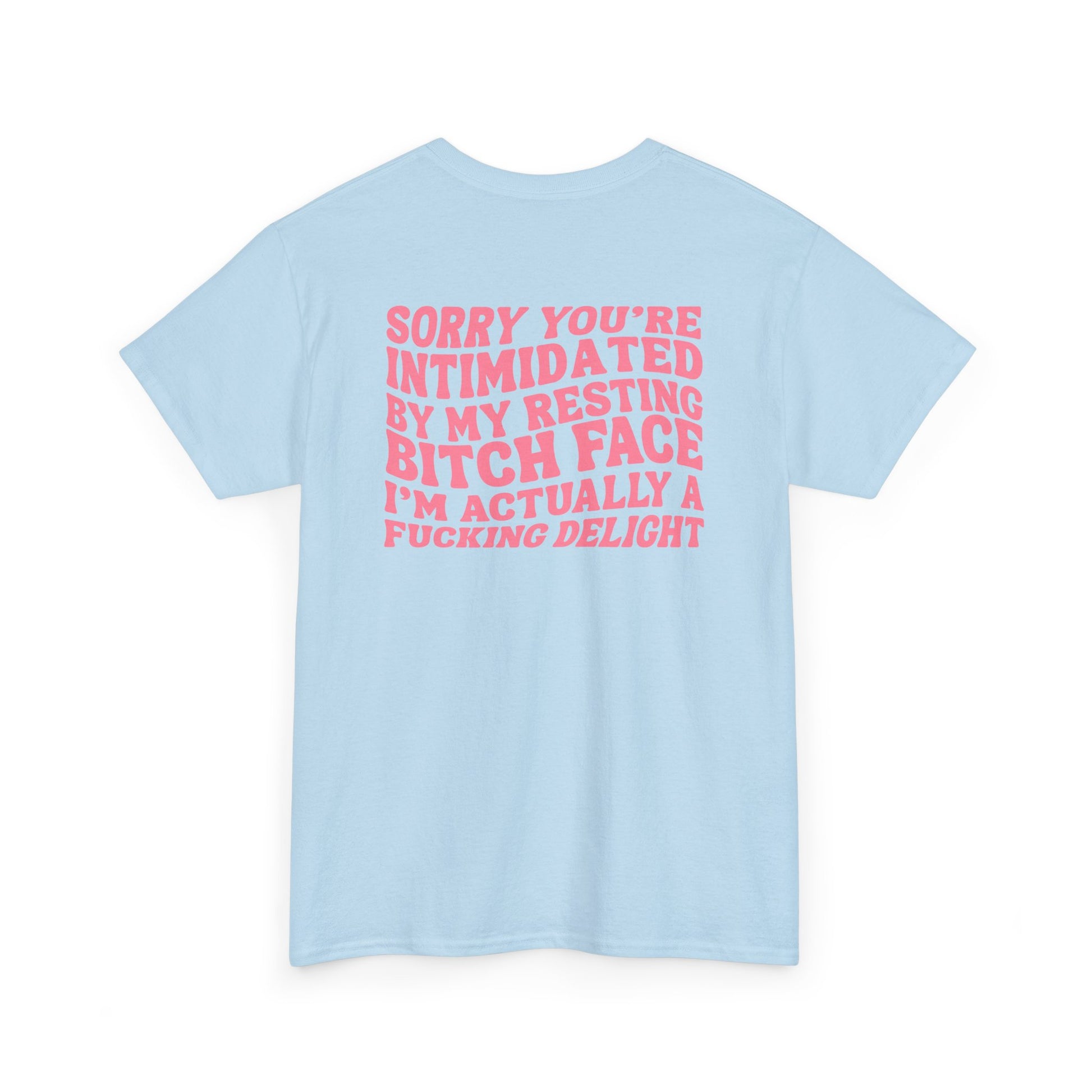 A light blue t-shirt with a skeletal hand in a bubble on the front and the phrase “Sorry you’re intimidated by my resting Bitch ace I’m actually a fucking delight” on the back.