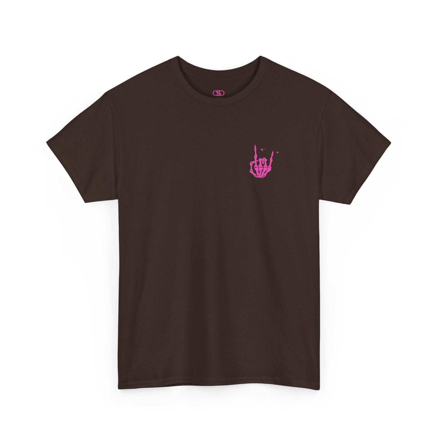 A dark brown t-shirt with a skeletal rock hand on the front and a melting emoji with the phrase “I match energy So ho we gon’ Act Today?” on the back.
