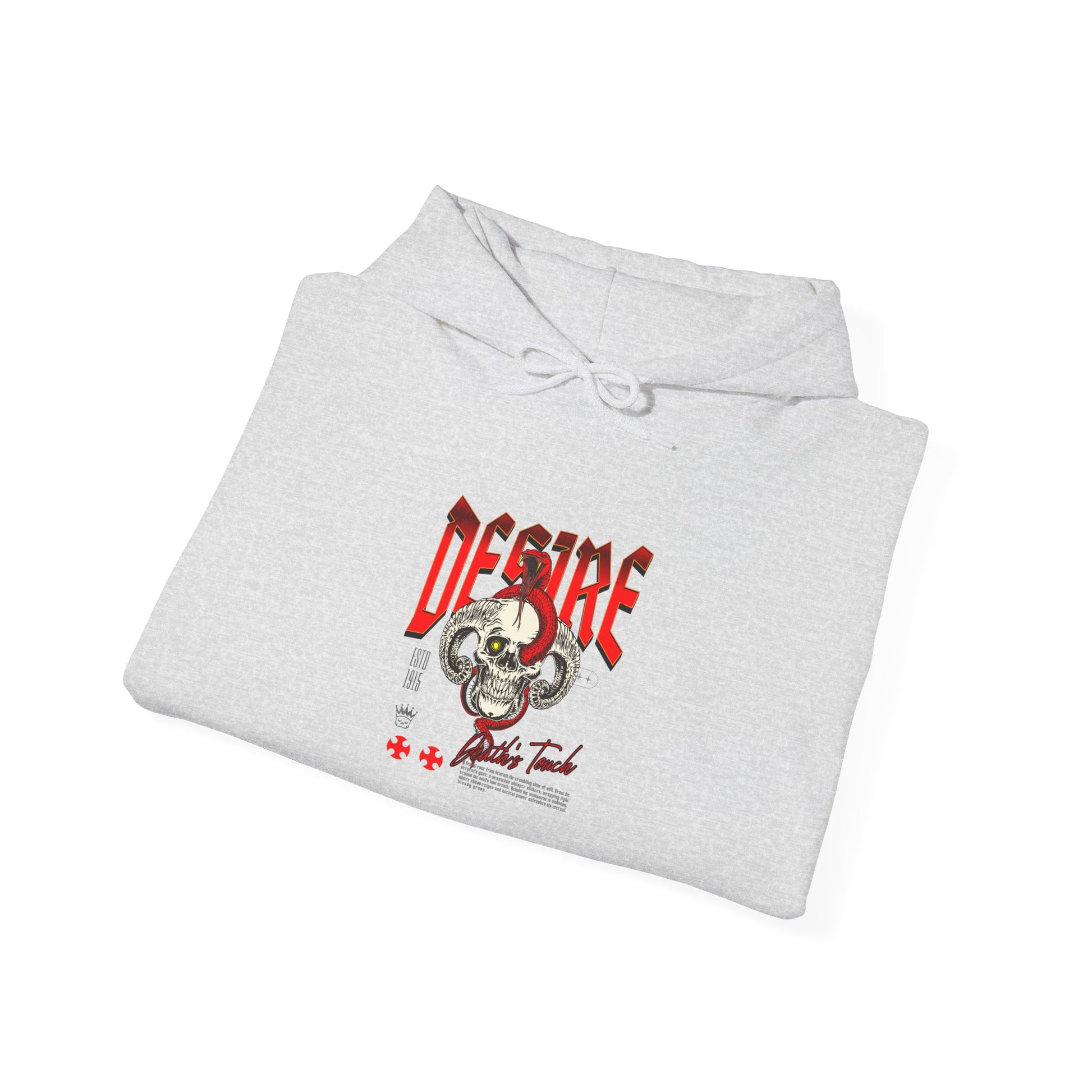 A folded ash gray hoodie featuring a Horned skull with glowing eye and red snake wrapped around it, "Desire Death's Touch" text, gothic hoodie design.